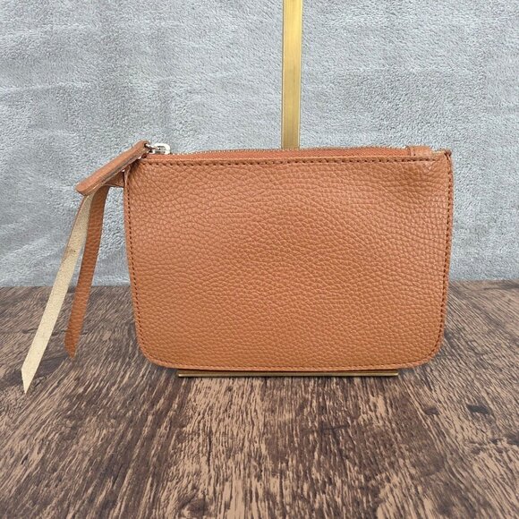 Free People Leather Pouch Brown Small Zip Top Fringe Tassels Bohemian Minimalist - Picture 1 of 7